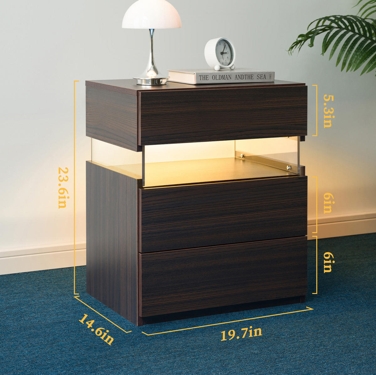 NACHTTISCH 48/38/61 cm mit LED-Beleuchtung in Walnuss mit 3 Schubladen - Walnussfarben, Holzwerkstoff (38/61/48cm) - BEAOK
