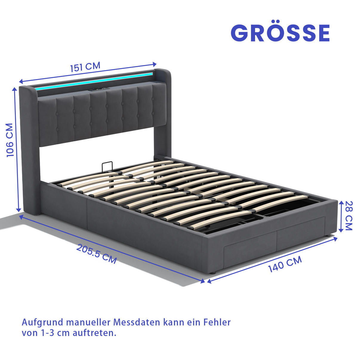 POLSTERBETT 140/190 cm in Dunkelgrau Samt mit Bettkasten, Schubladen und USB/LED-Beleuchtung - Dunkelgrau, Holzwerkstoff/Textil (140/190cm) - CHICFURN
