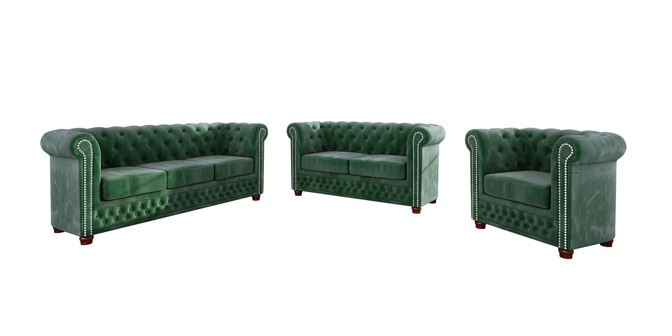 SITZGARNITUR 3+2+1 Chesterfield Lauren Flasche grün Samt - Smaragdgrün/Braun, Holz/Textil (203/72/86cm) - S-Style Möbel