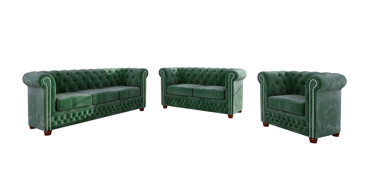 CHESTERFIELD-SOFA 3-sitzer Lauren Flasche grün Samt - Smaragdgrün/Braun, Holz/Textil (203/72/86cm) - S-Style Möbel