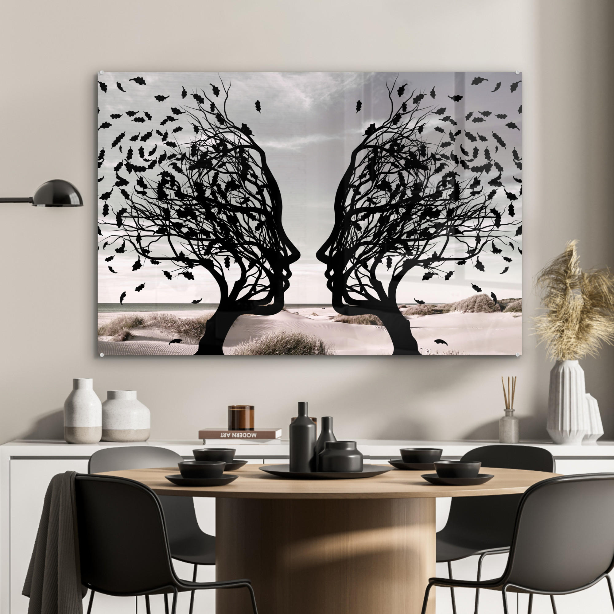 ACRYLGLASBILD Strand - Meer - Menschen - Baum - Moderne Kunst 120x80 cm - Hellgrau, Glas (120/80cm) - MuchoWow