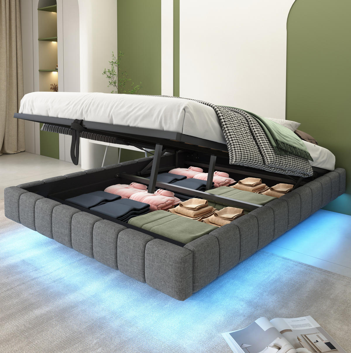 POLSTERBETT 140/200 cm Grau Hydraulischer Schwebebettrahmen mit Stauraum und LED-Beleuchtung - Grau, Textil (140/200cm) - OKWISH