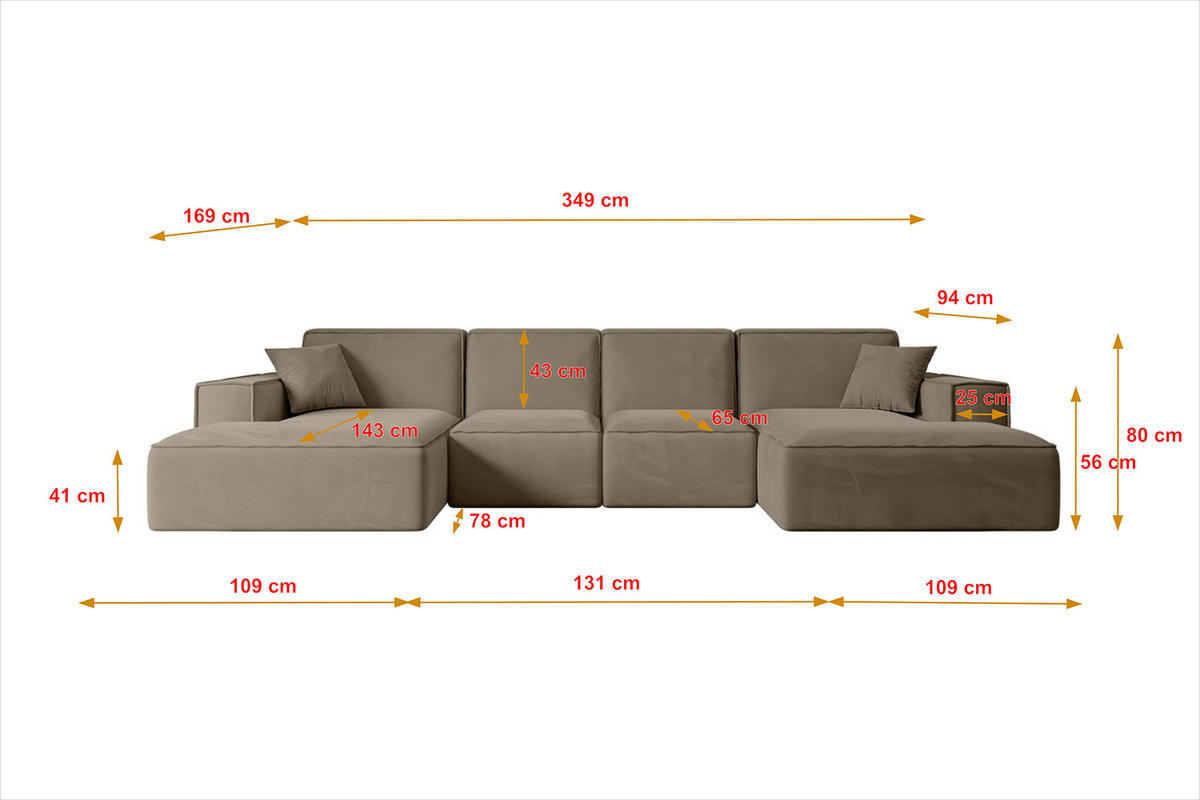 WOHNLANDSCHAFT SIERRA-U - 349x169x80 cm Braun Velours - Schwarz/Braun, Holzwerkstoff/Kunststoff (349/80/169cm) - ALTDECOR