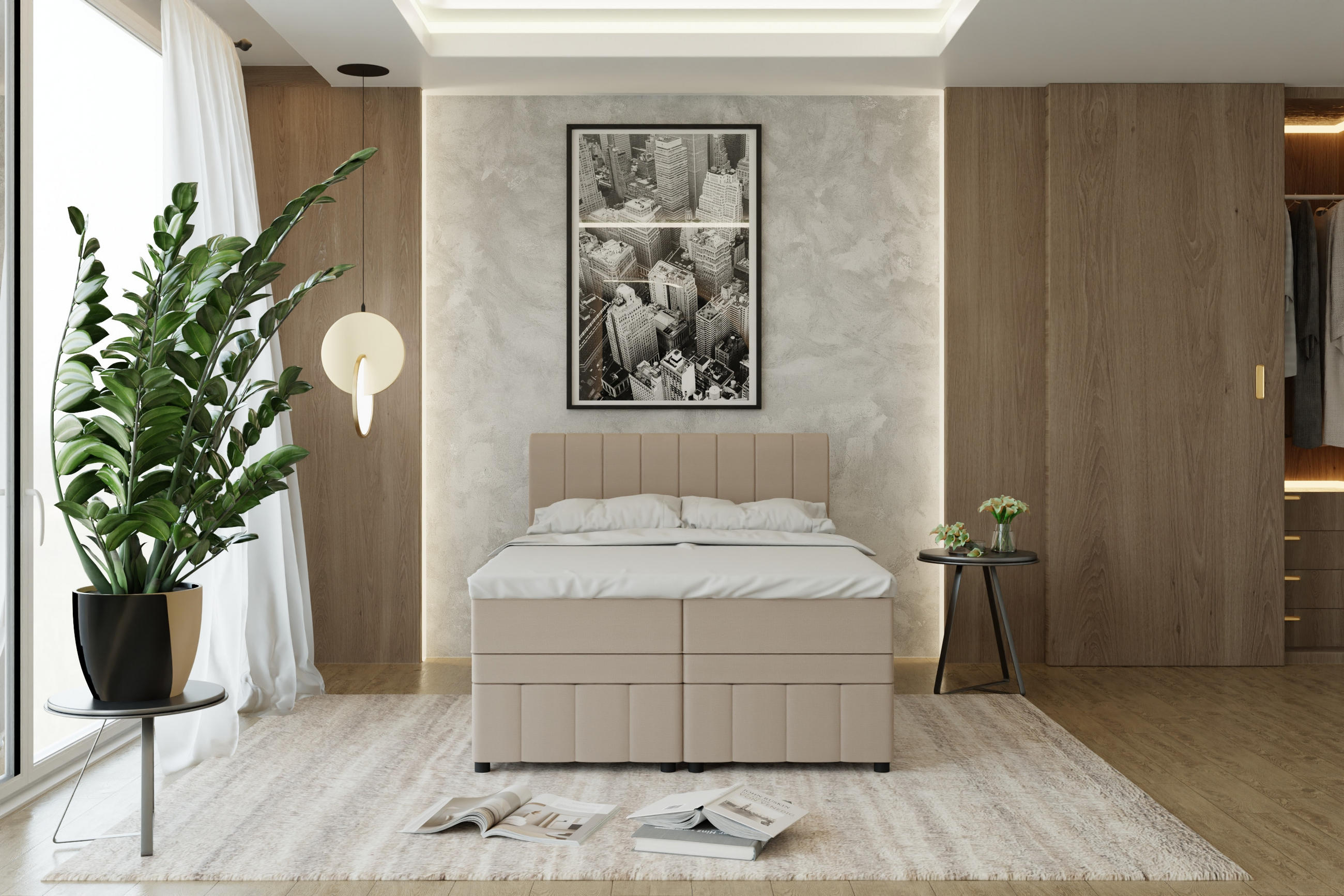 BOXBETT AVALON 140 x 200 cm mit Bettkasten und Topper - Beige - Beige, Holz - Panda Möbel