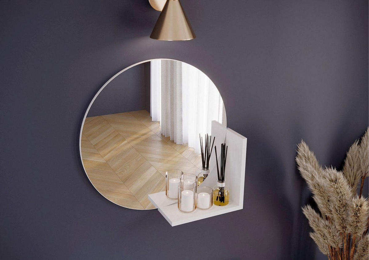 WANDSPIEGEL Lucija, Round 60 cm, mit Ablage, Weiß - Weiß, Holzwerkstoff (60/60/12cm) - Skandica