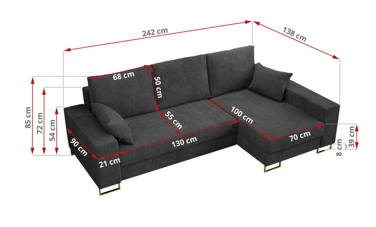ECKSOFA Dorian Cord Dunkelgrau - Dunkelgrau/Goldfarben, Textil/Metall (242/138cm) - MKS
