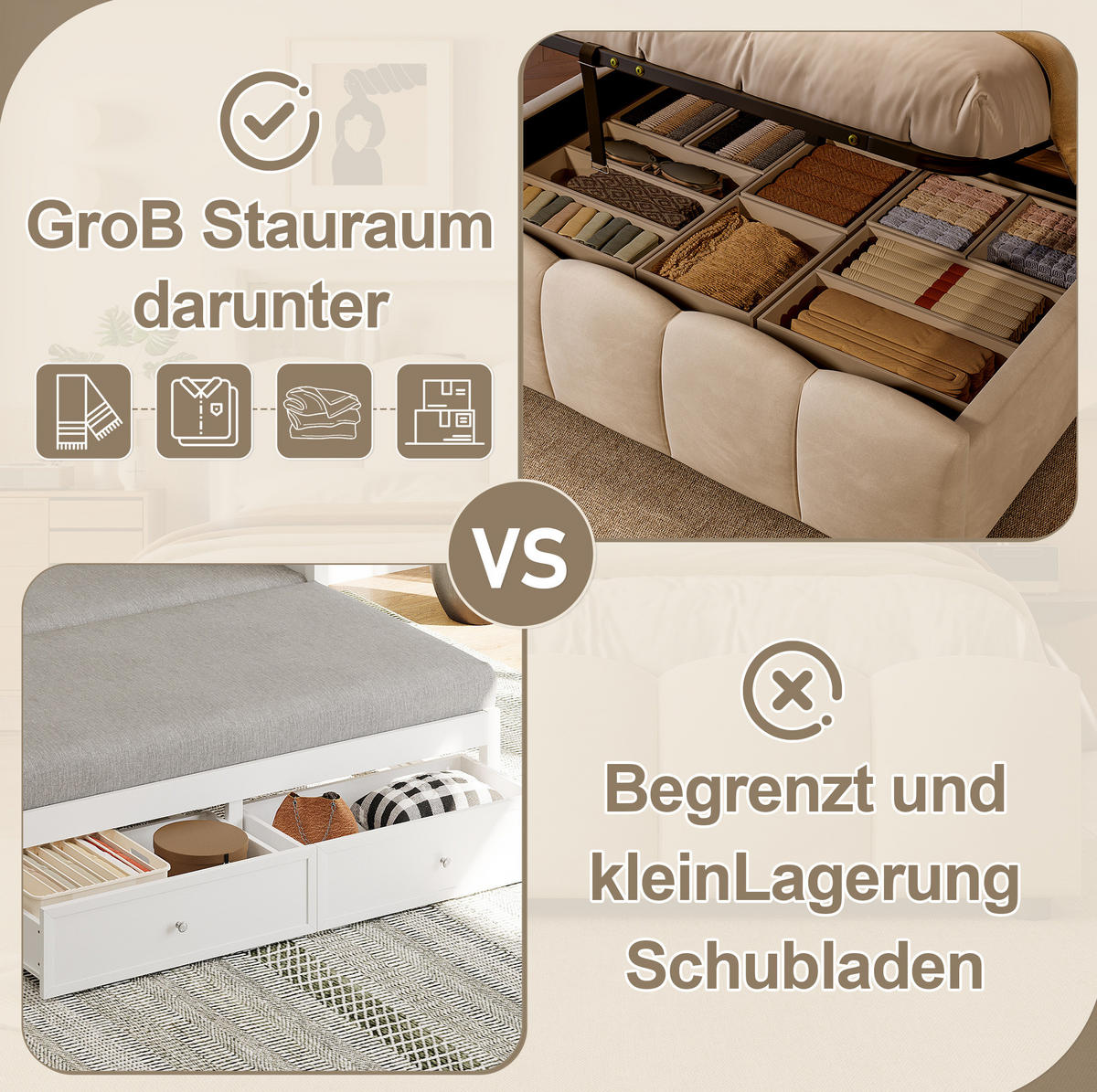 POLSTERBETT 140/200 cm mit LED-Beleuchtung, Kopfteil-Staufach, hydraulischem Bettkasten, USB und Typ-C, Samt, Beige - Beige, Textil (140/200cm) - Redom