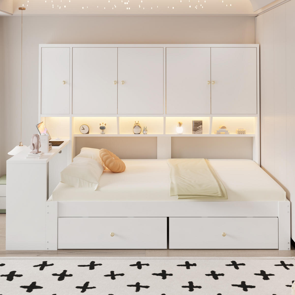 STAURAUMBETT 90/200 cm mit Schreibtisch, LED und Schubladen, DE-41644, in Weiß - Weiß, Holzwerkstoff (90/200cm) - ComfortXL