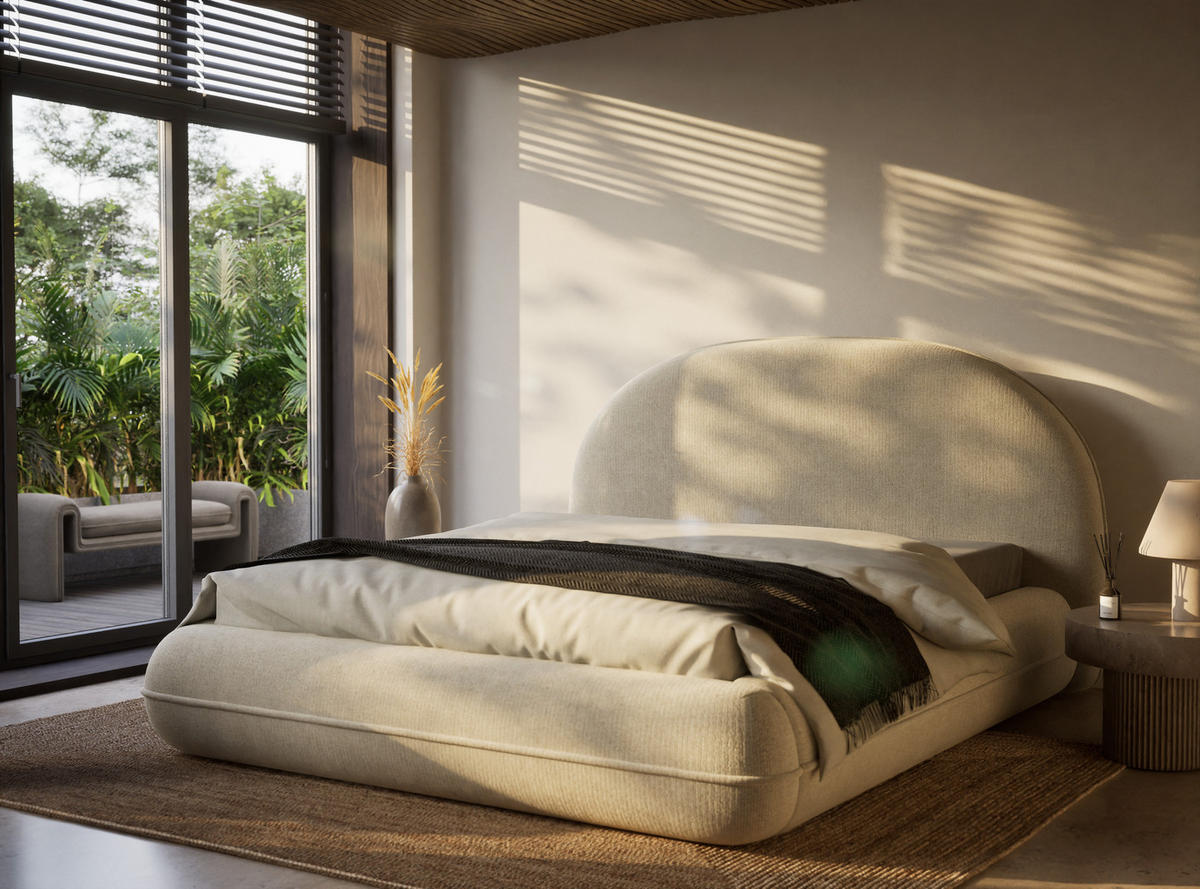 POLSTERBETT Koji Creme 140/200 cm im Chenille-Stoff - Creme/Schwarz, Holz/Holzwerkstoff (140/200cm) - Maison de Reve