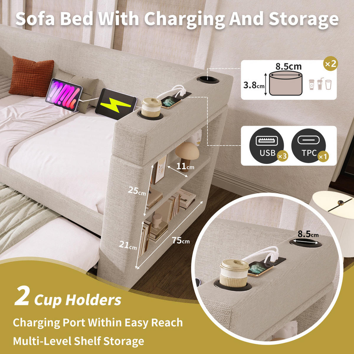 TAGESBETT 90x200cm Einzelbett Schlafsofa Ausziehbett USB-C & Halter Beige - Beige, Holz (90/200cm) - FLIEKS
