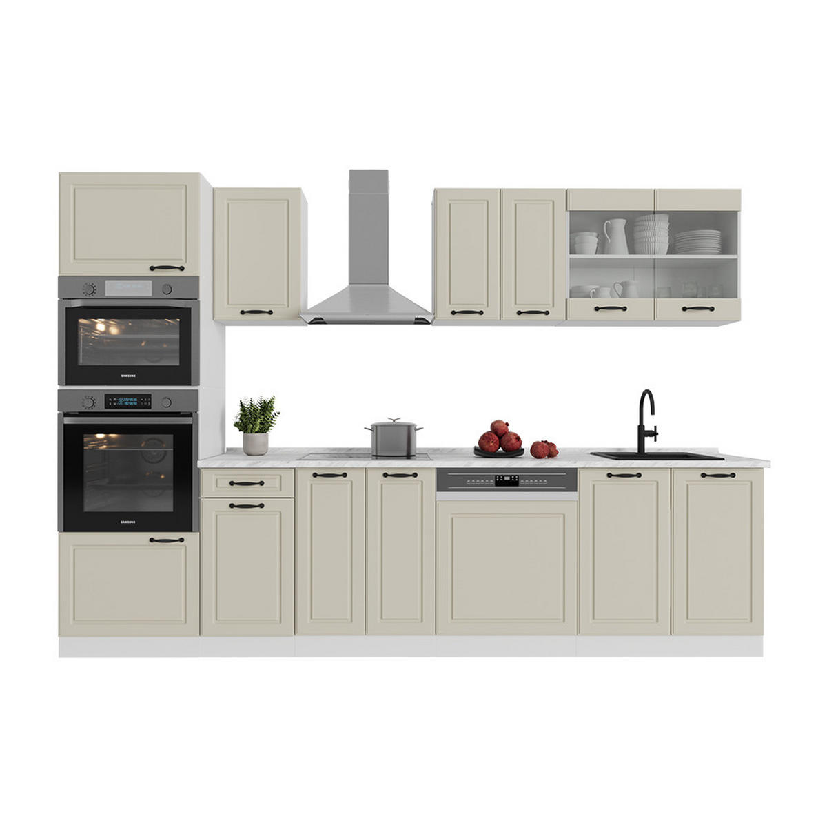 KÜCHENZEILE R-Line, Sand Landhaus/Weiß, 300 cm ohne Arbeitsplatte - Beige/Weiß, Holzwerkstoff (300/206.8/46cm) - Vicco