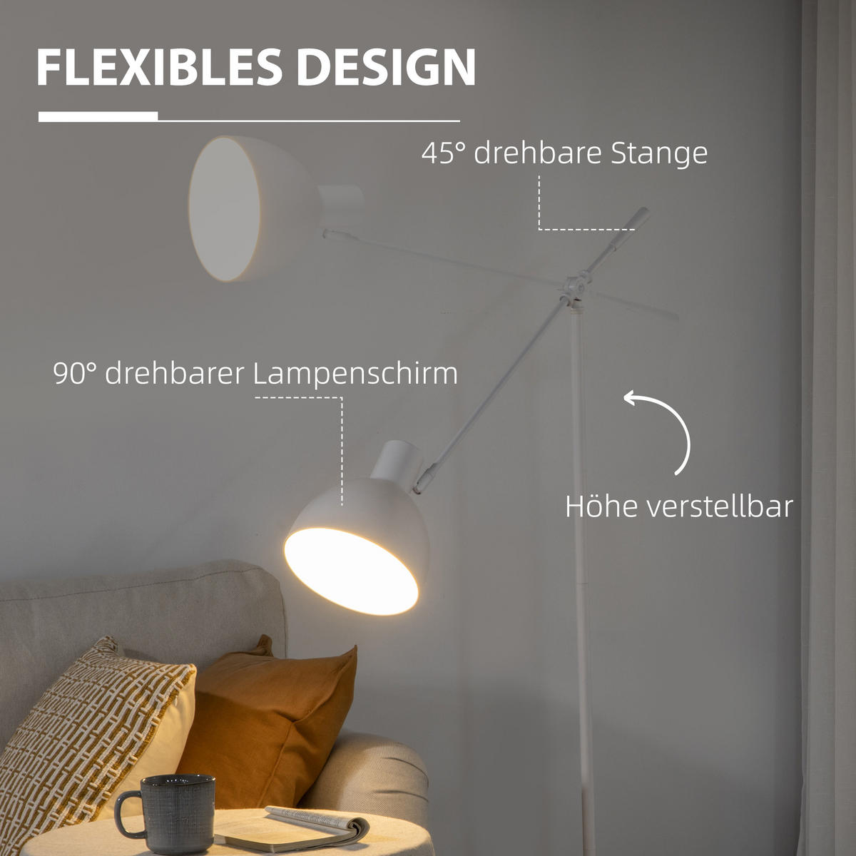STEHLAMPE höhenverstellbar, 40 W Standlampe exkl. Weiß - Weiß, Metall (30/30/155cm) - HOMCOM