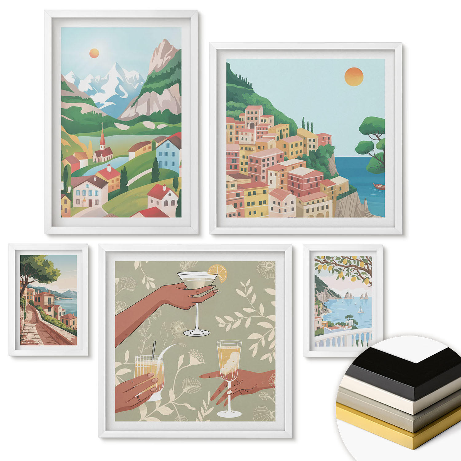 WANDBILDER 5er-Set - 50x50 cm & 20x30 cm & 40x60 cm Weißer Rahmen - Meereslandschaften, Zitrusfrüchte - Weiß, Kunststoff (40/60cm) - ArtPrintCave
