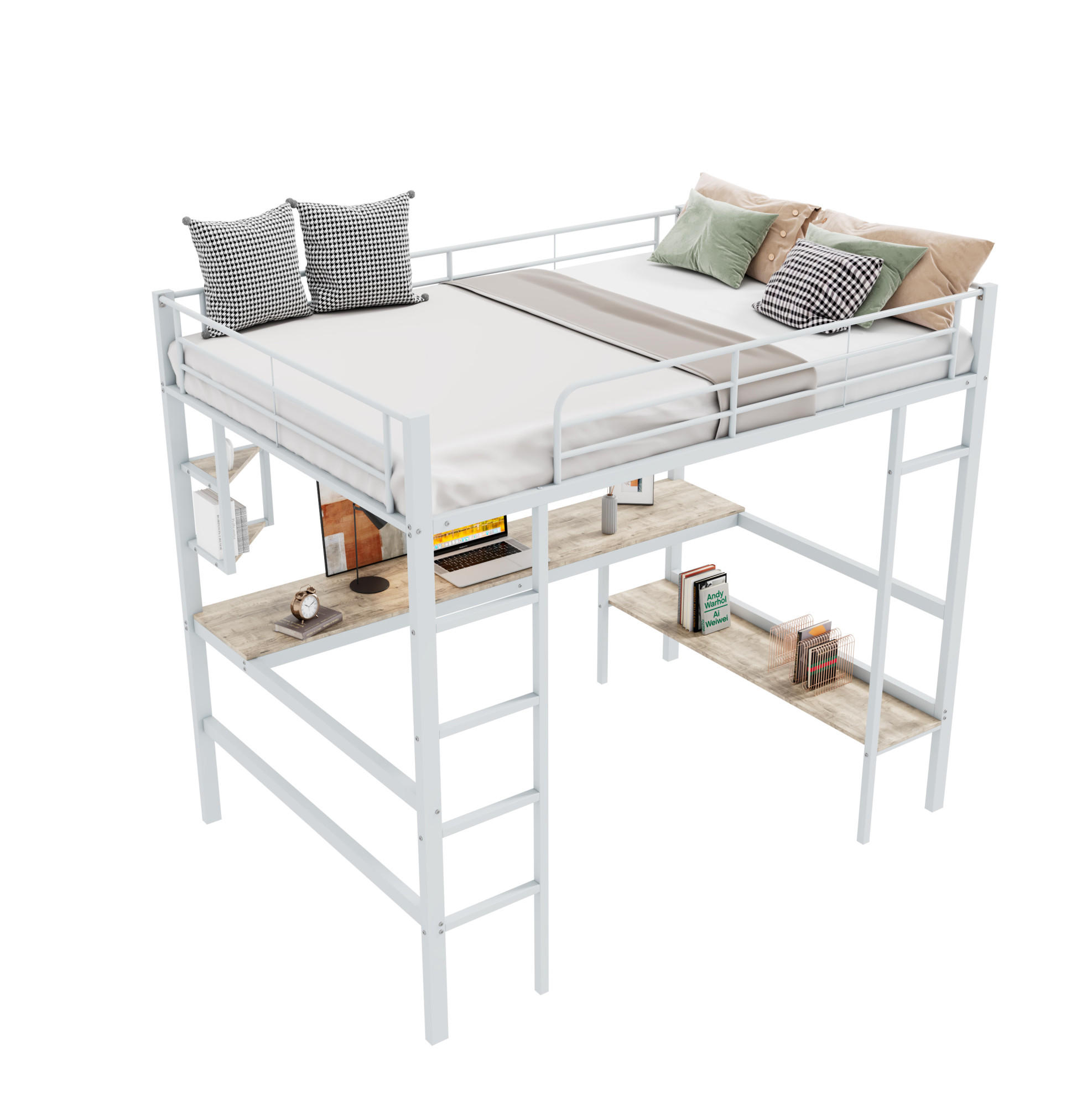 HOCHBETT mit Schreibtisch 90/200 cm in Weiß – mit Regal und Rausfallschutz - Weiß, Metall (90/200cm) - BEAOK