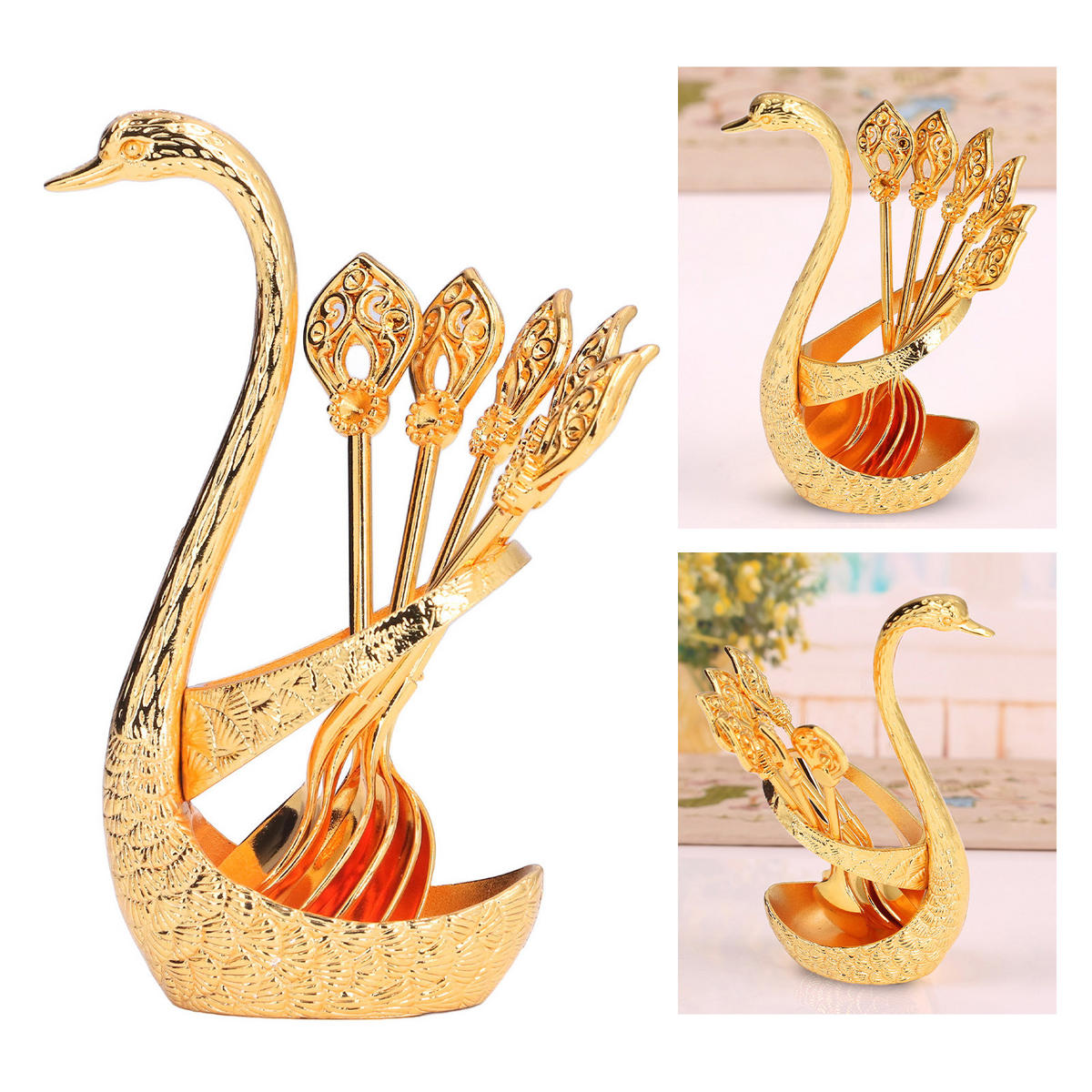 BESTECK-SET Gold Schwanen-Design, Zinklegierung, glänzend, Geschenkidee - Goldfarben, Metall