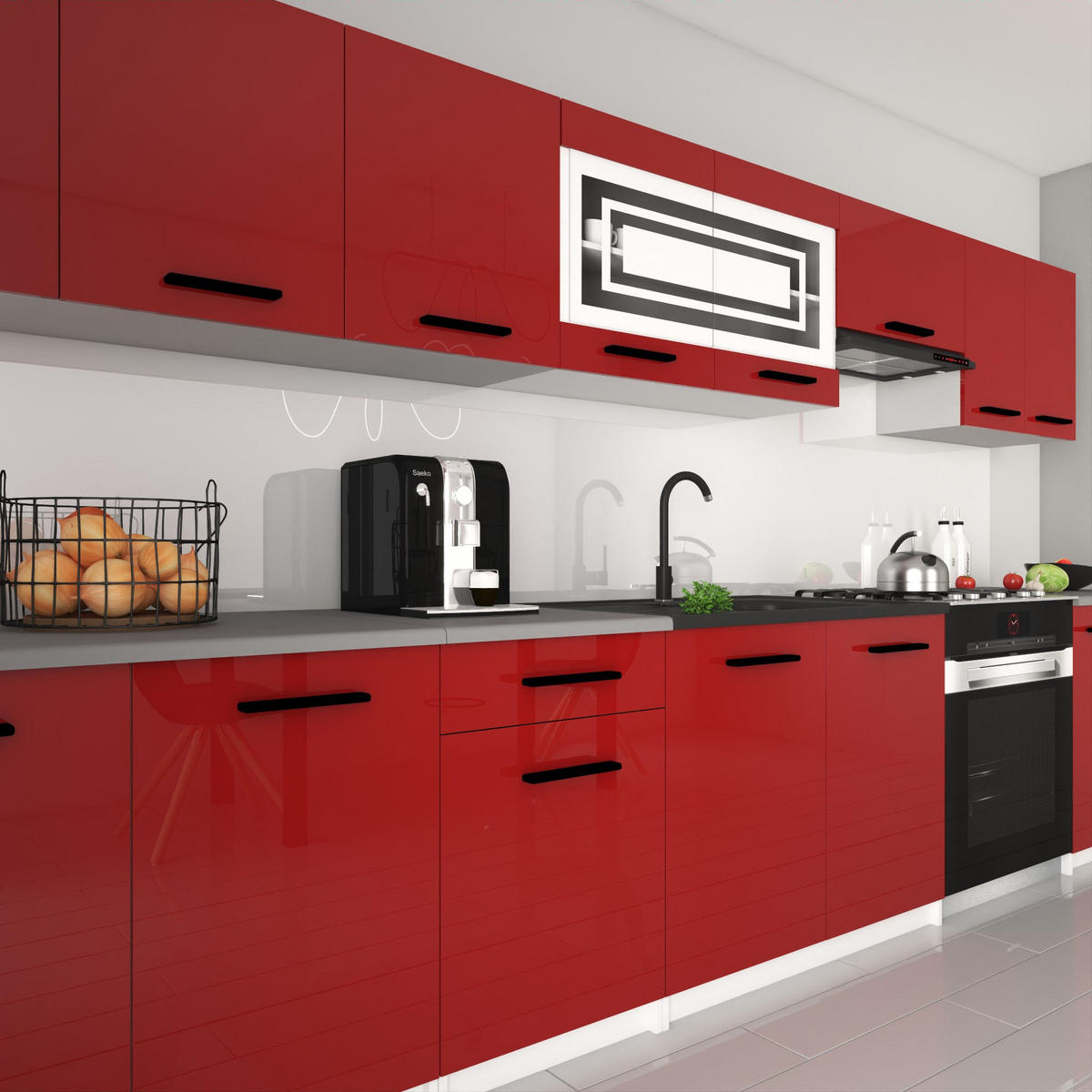 KÜCHENZEILE Italia 3 320 cm, mit Arbeitsplatten, Rot - Rot, Holz (320/143/60cm) - B BELINI GROUP