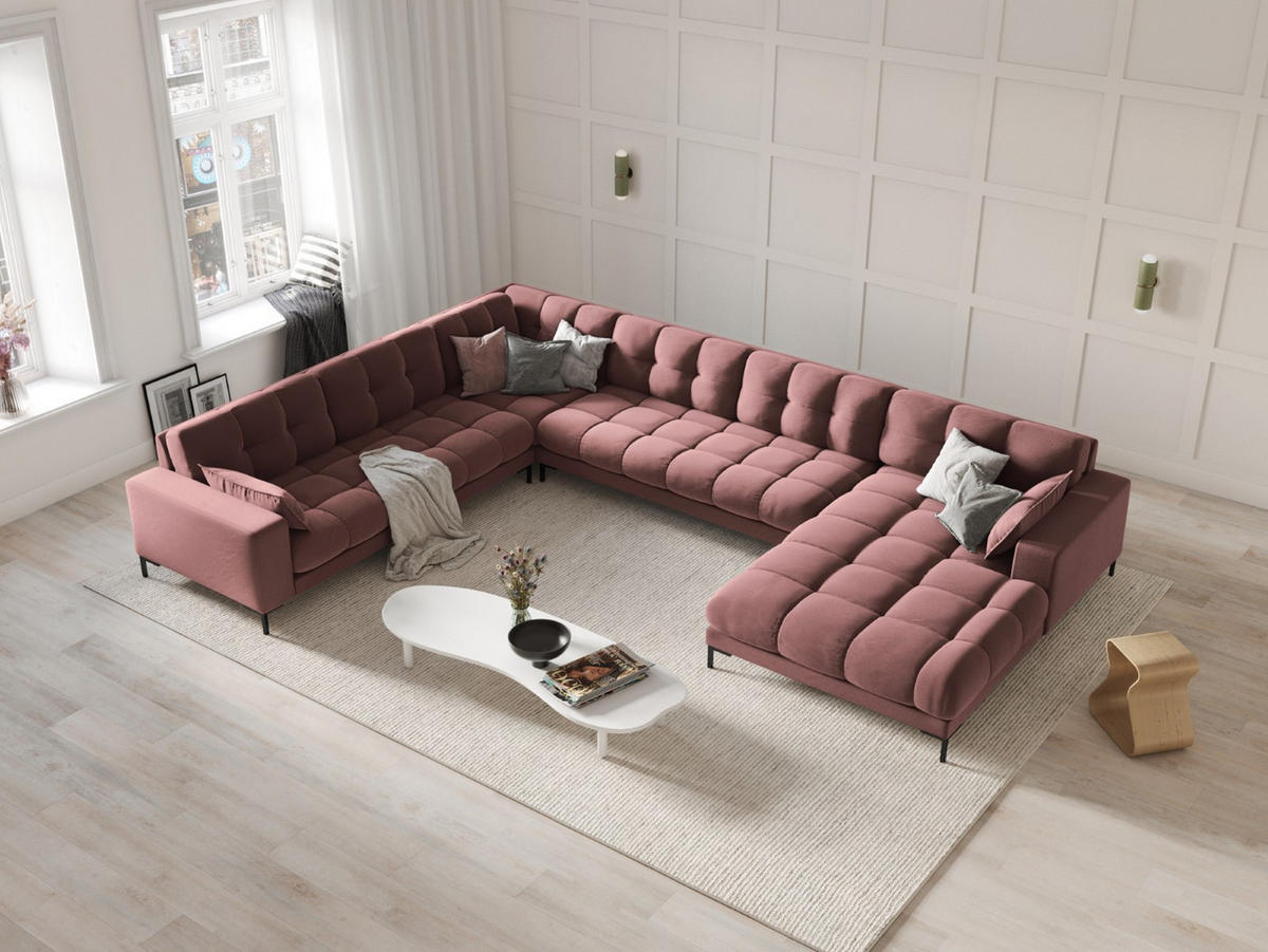 PANORAMASOFA links Mamaia aus Samt rosa 7 Sitzplätze - Pink, Textil (256/75/327cm) - Micadoni