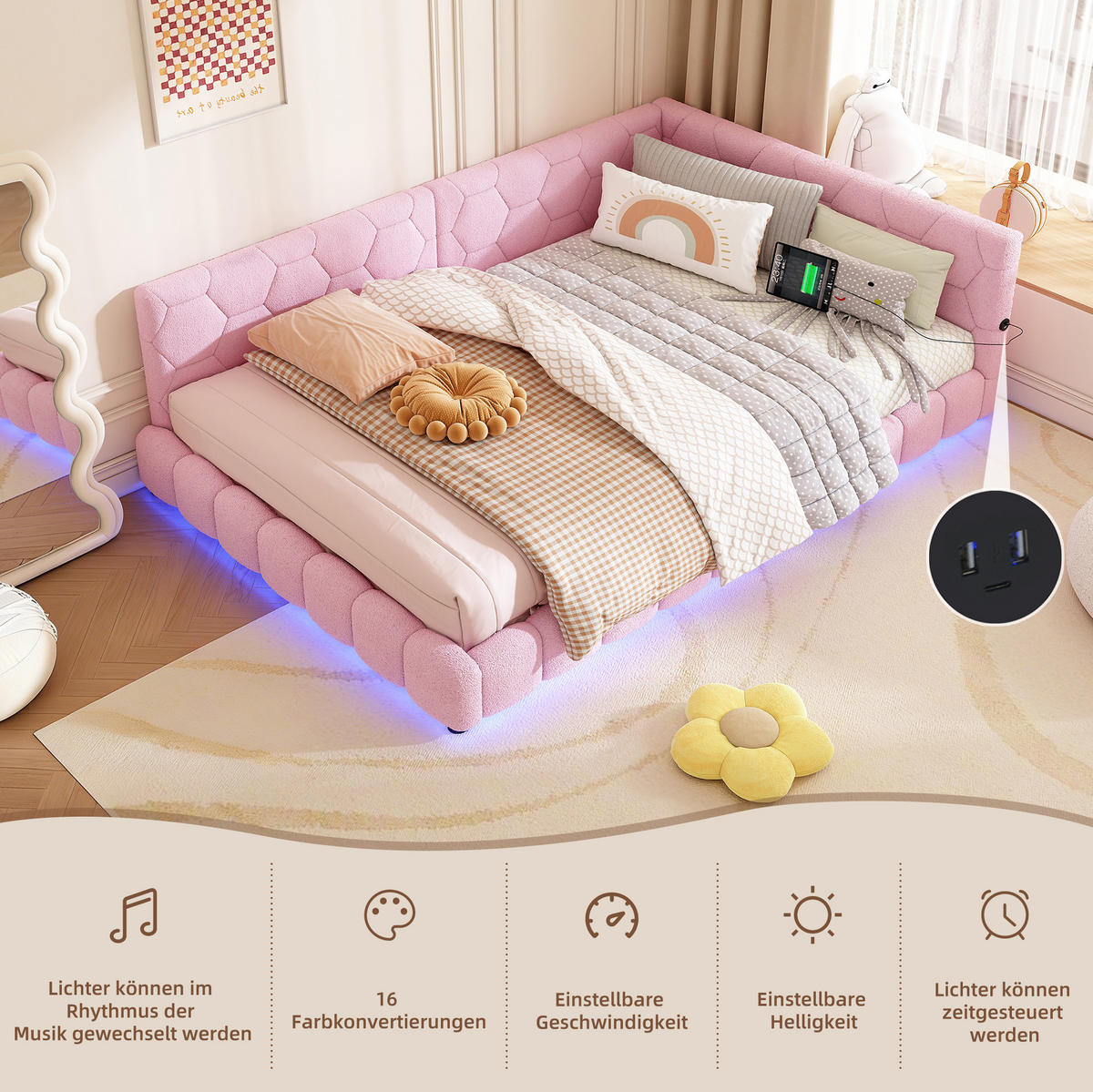 POLSTERBETT 140/200 cm Rosa aus Vliesimitat mit LED-Umgebungslicht - Rosa, Textil (140/200cm) - OKMYHOME