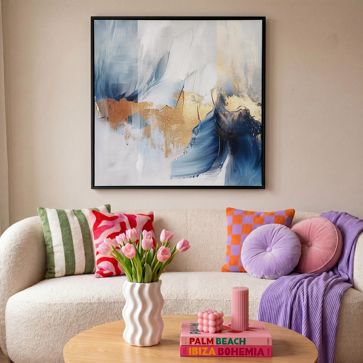 LEINWAND Bilder mit Rahmen - Gold - Blau - Aquarell - Kunst - Modern - 90x90 - Hellblau, Textil (90/90cm) - MuchoWow