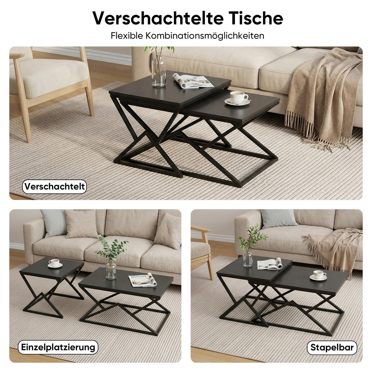 COUCHTISCH mit Holzplatte und Metallgestell, Schwarz - Schwarz, Metall (50/80/40cm)