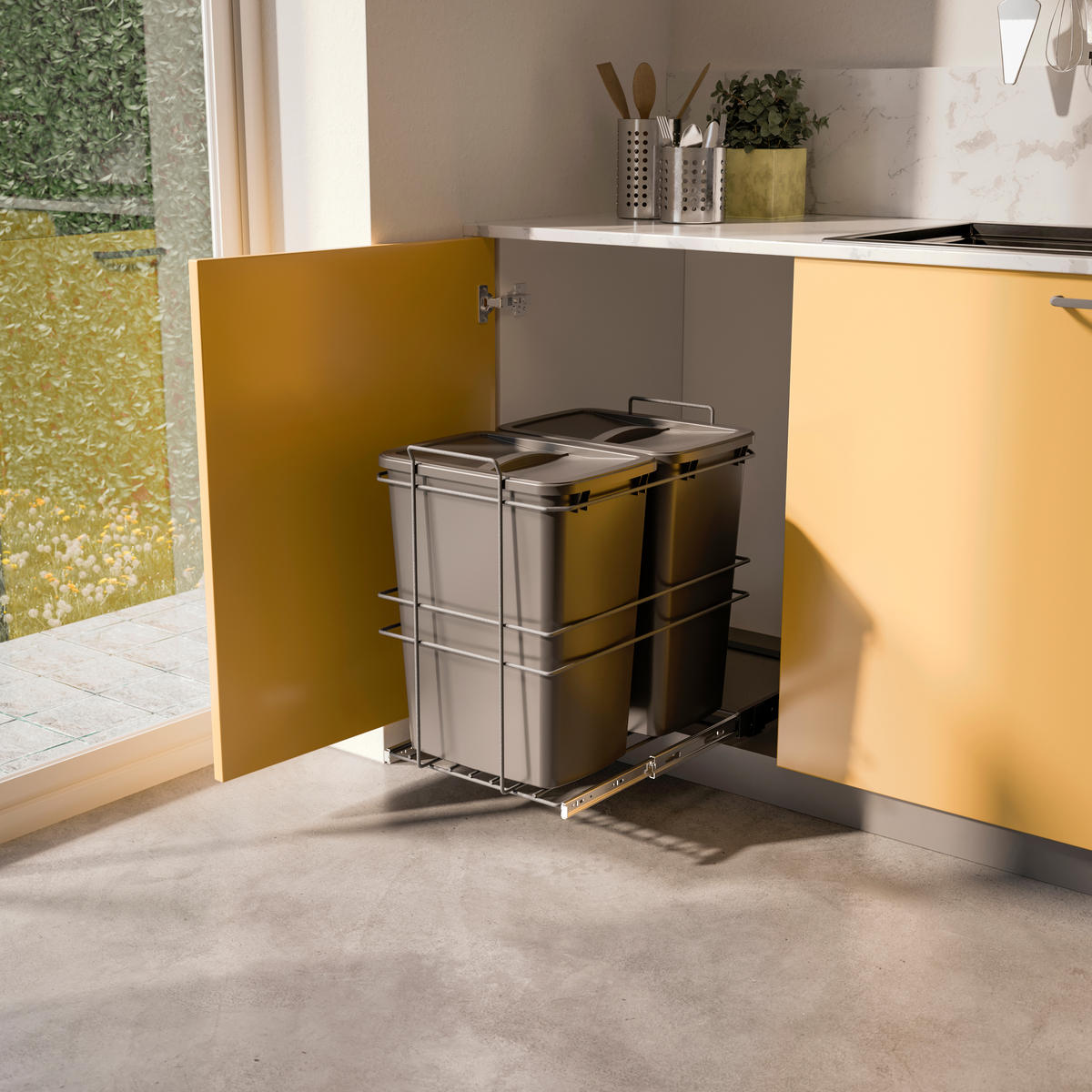 RECYCLINGBEHÄLTER für Bodenmontage und manuellen Auszug in Küchenzeile, 2x35 Liter, Kunststoff, anthrazitgrau - Anthrazit, Metall (53.5/37/56cm) - EMUCA