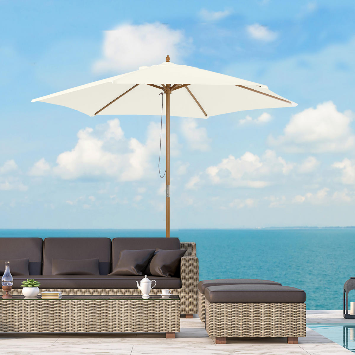 SONNENSCHIRM DE-05581 Seilzug, Bambus, windfest Weiß - Weiß, Holz (250/250cm) - ComfortXL