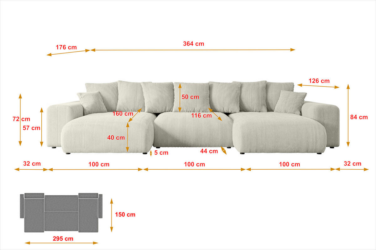 WOHNLANDSCHAFT mit Schlaffunktion ESKAR-U -364x176x84cm Grau Cord - Hellgrau/Schwarz, Holzwerkstoff/Kunststoff (364/84/176cm) - ALTDECOR