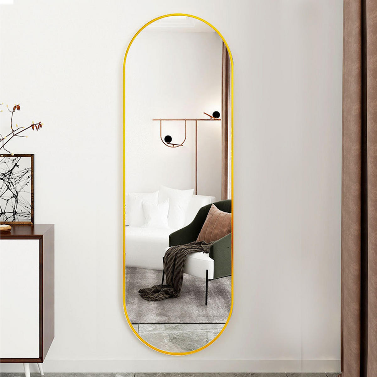 GANZKÖRPERSPIEGEL mit Goldenem Metalrahmen Kapselform Ästhetisches Design Wandmontage 120 L x 40 B x 2,8 D cm - Goldfarben, Glas/Metall (40/2.8/120cm) - Livingandhome