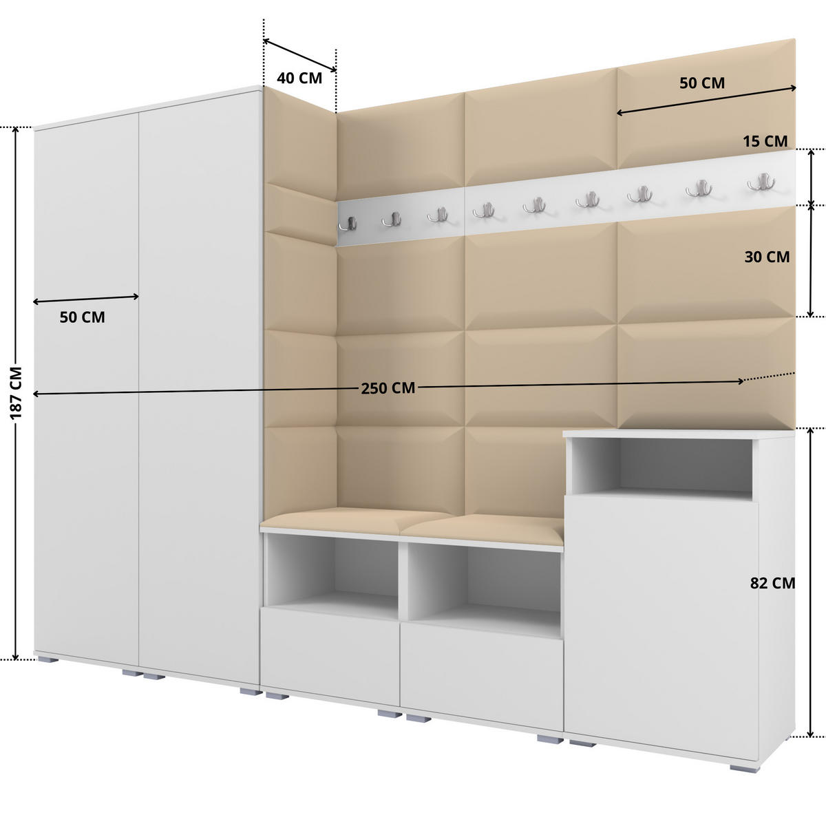 GARDEROBE NELA VIII 250 cm (Modulare Flurmöbel Weiß mit Sitzpolster Beige 04 2 Schränke + Sideboard) - Beige/Silberfarben, Holz/Holzwerkstoff (250/187/40cm) - Ravio