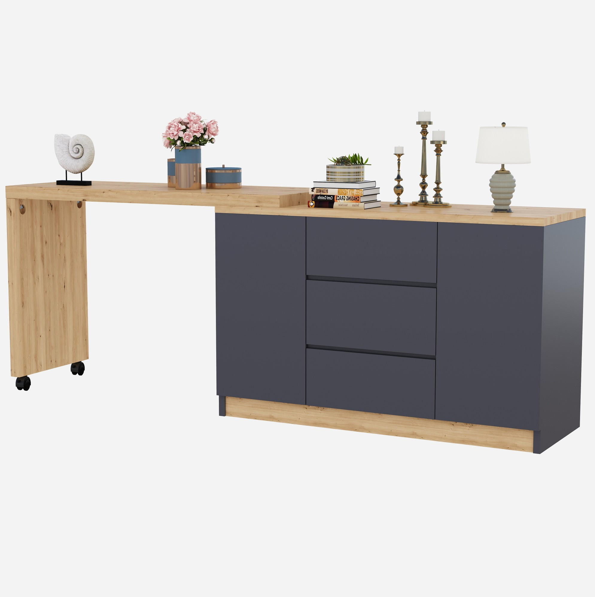 Modfu PSACÍ stůl z dřevotřísky 120x50x76,5 cm šedá/dub otočný, skládací se 2 dvířky, 3 zásuvkami a kolečky s brzdou