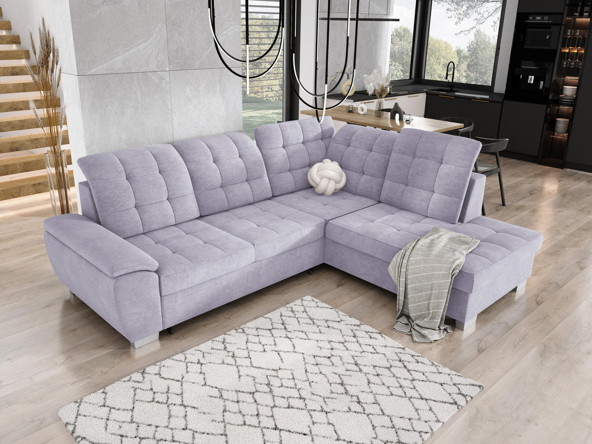 ECKSOFA LOTTA L-förmig Bettkasten verstellbare Kopfstützen hochwertige Verarbeitung lose Rückenkissen freistehend RECHTS 258x212x106 cm Silber - Silberfarben, Holz/Textil (258/212cm) - DomoHome