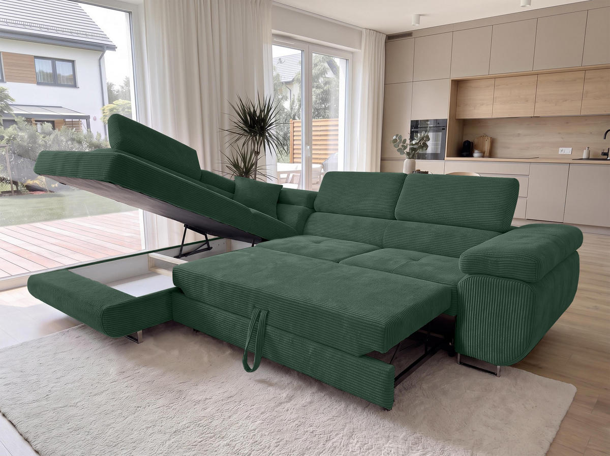 ECKSOFA L Form Konak Flaschengrün 276/201/90 cm Links mit Schlaffunktion - Dunkelgrün/Silberfarben, Textil/Metall (203/276cm) - AX Living