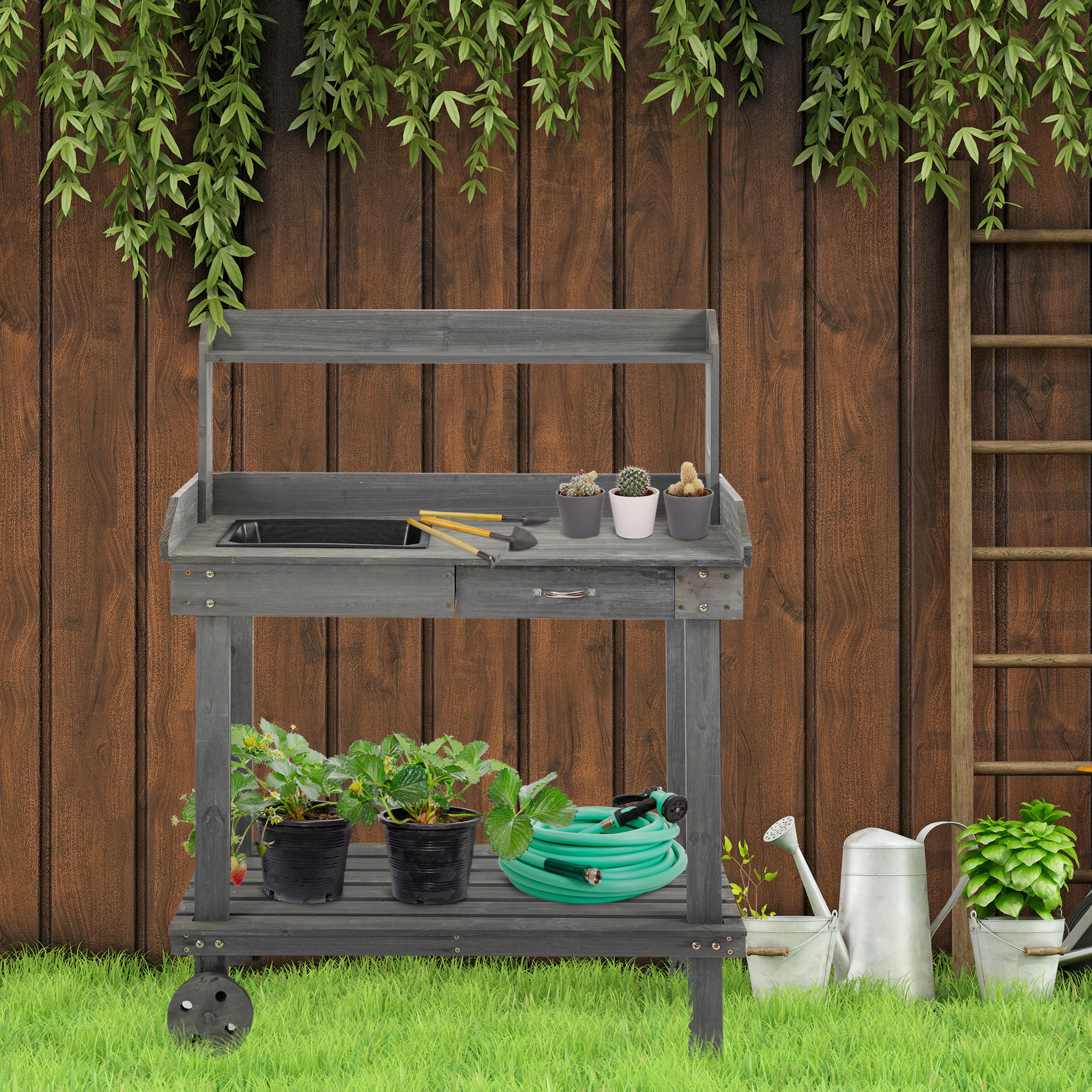 PFLANZTISCH mit Schublade, Gärtnertisch mit Waschbecken und Rollen, Tannenholz, Grau - Grau, Holz (92/45/119cm) - Outsunny