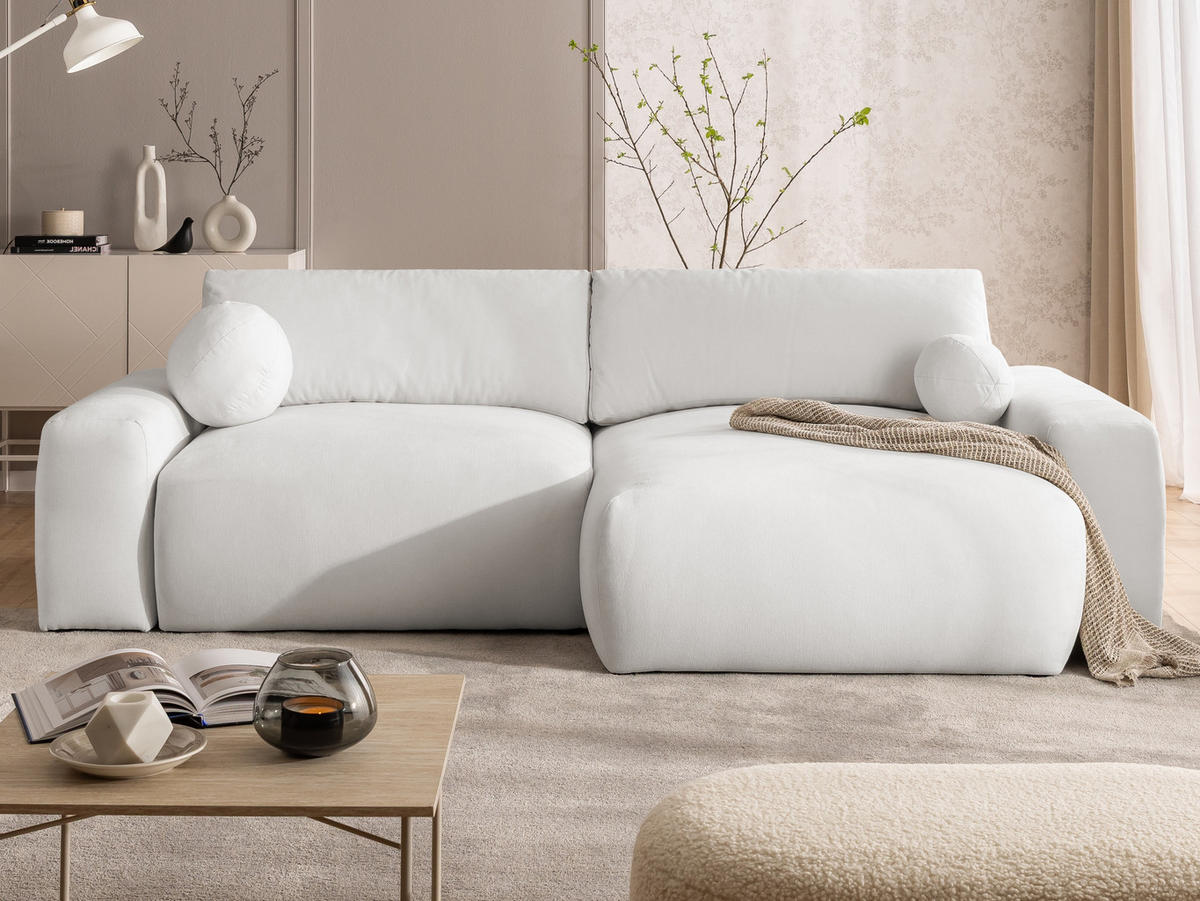 ECKSOFA Puffy mit Schlaffunktion und Bettkasten - besonders weich und puffig aus Creme Webstoff - Ottomane rechts - Creme/Schwarz, Holz/Kunststoff (266/138cm) - S-Style Möbel