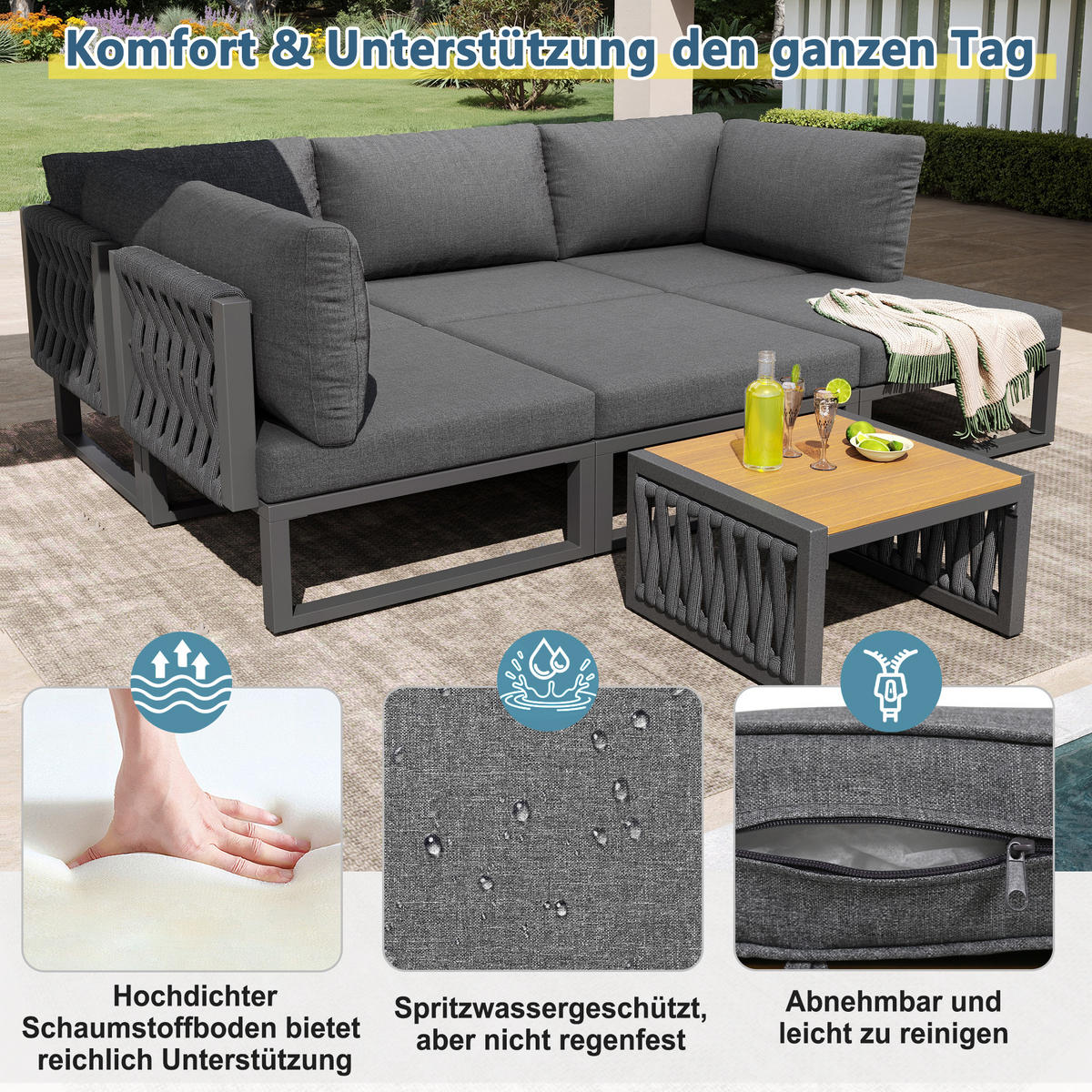 DOPPELLIEGE 6 Personen Grau Mit Verstellbarer Rückenlehne - Grau, Metall - FLIEKS