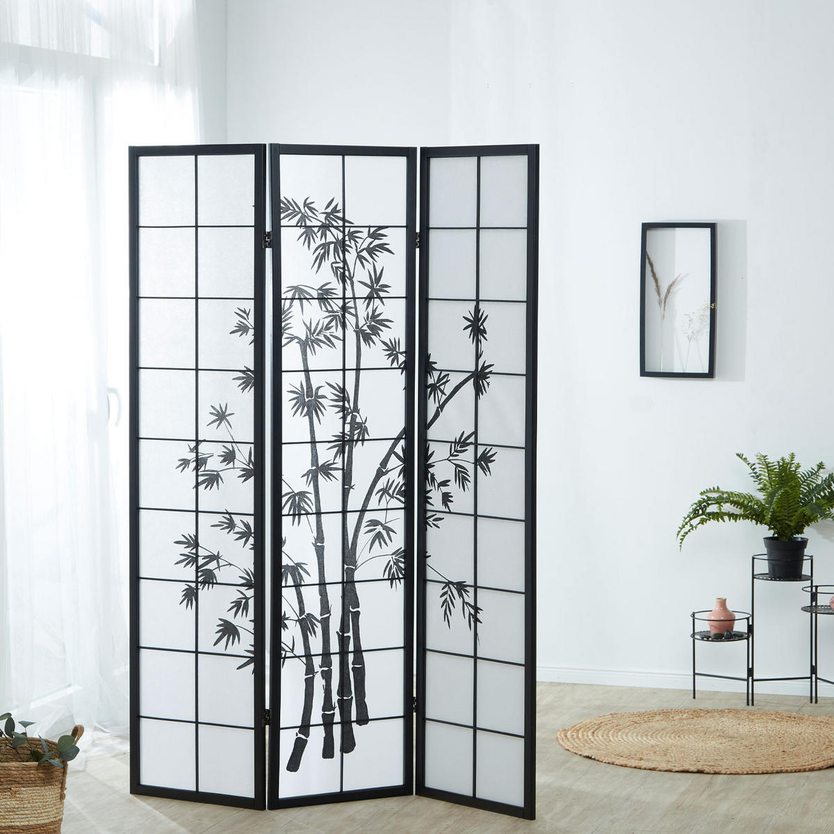 PARAVENT 3-tlg. 132/179 cm Schwarz Bambusmuster - Schwarz, Holz (132/179/2cm) - Homestyle4u