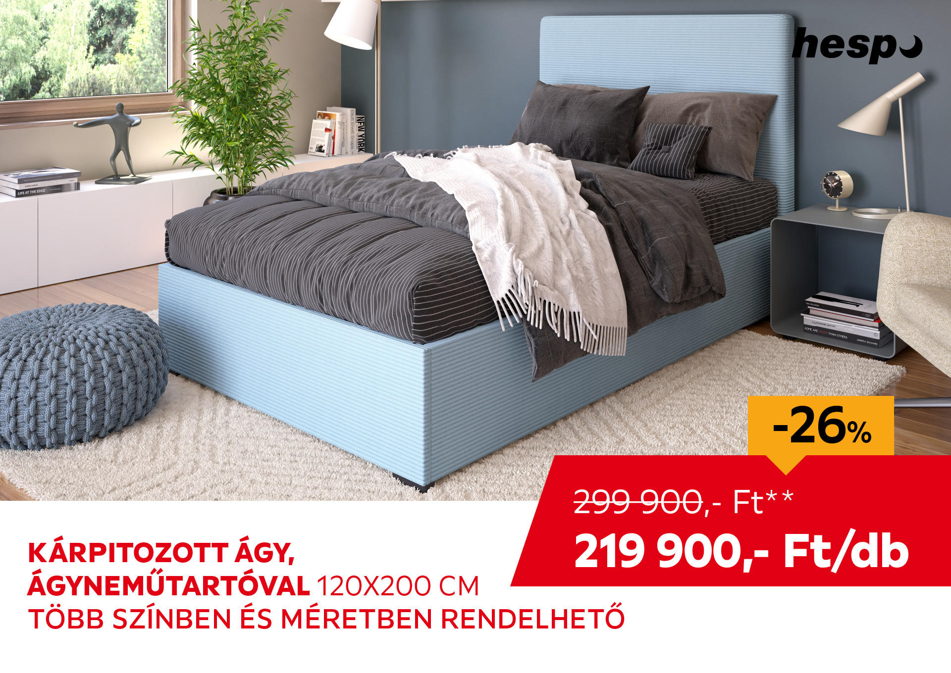 KÁRPITOZOTT ÁGY, ÁGYNEMŰTARTÓVAL 120x200 CM Kiemelt termék 299900 Ft.- helyett 219900 Ft.-