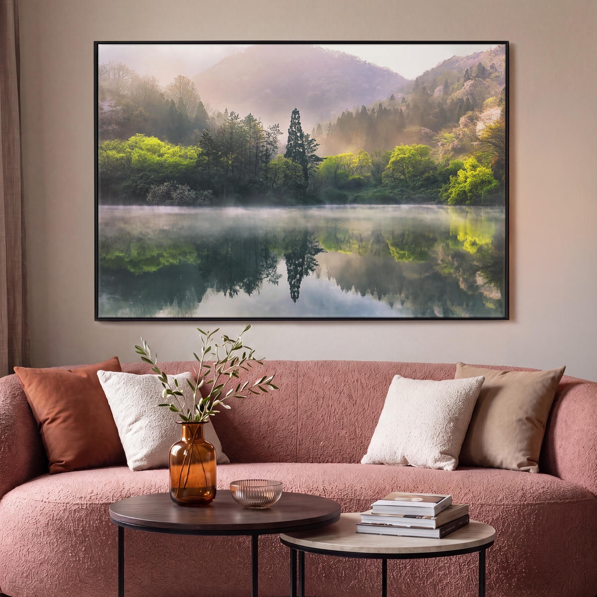 LEINWAND Bilder mit Rahmen - Natur - Bäume - Berge - See - Wasser - 150x100 - Hellgrün, Textil (150/100cm) - MuchoWow