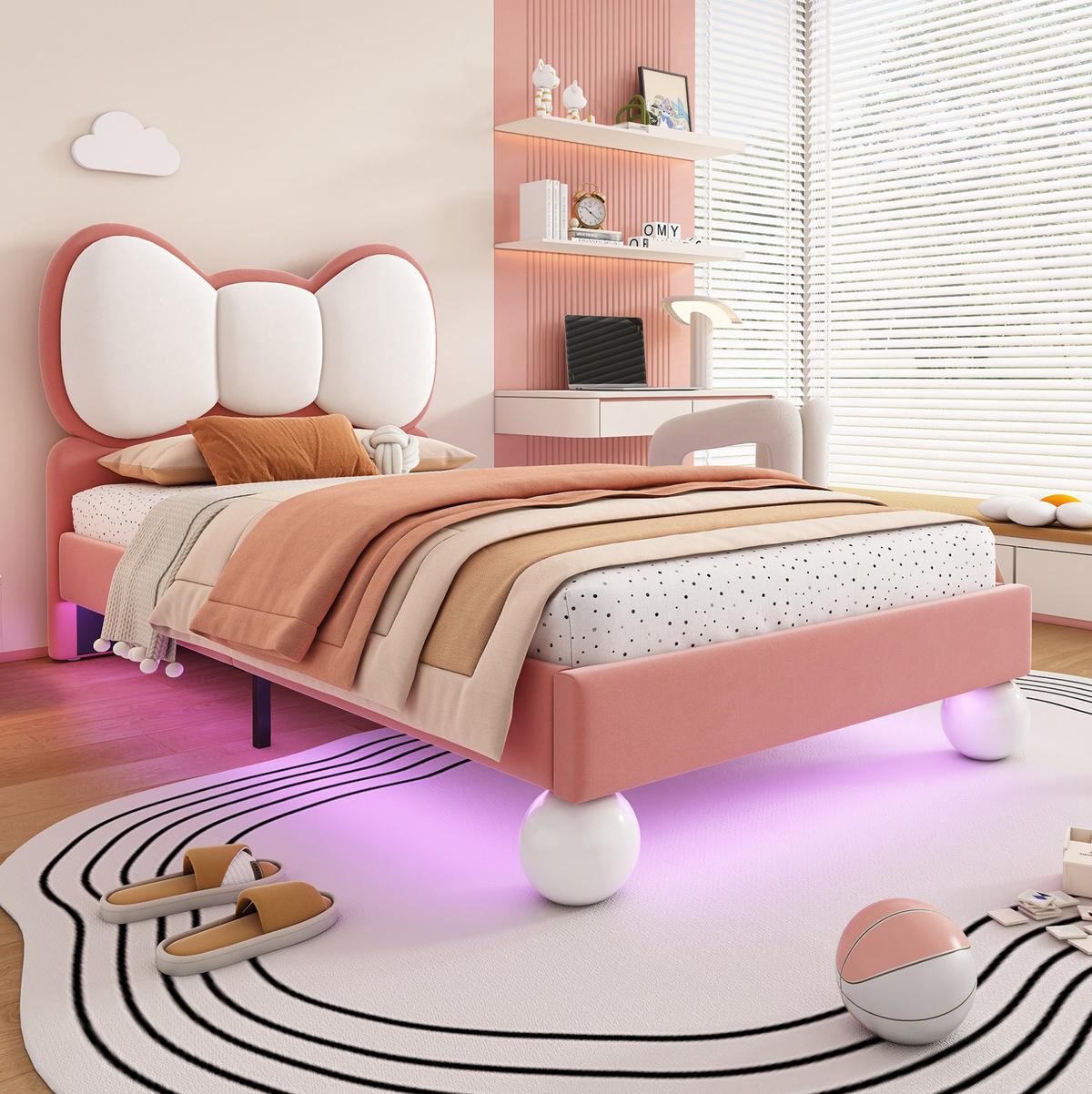 KINDERBETT 90/200 cm aus Samt mit LED-Lichtleiste und flügelförmigem Kopfteil Rosa-Beige - Rosa, Textil (90/200cm) - Modenvie