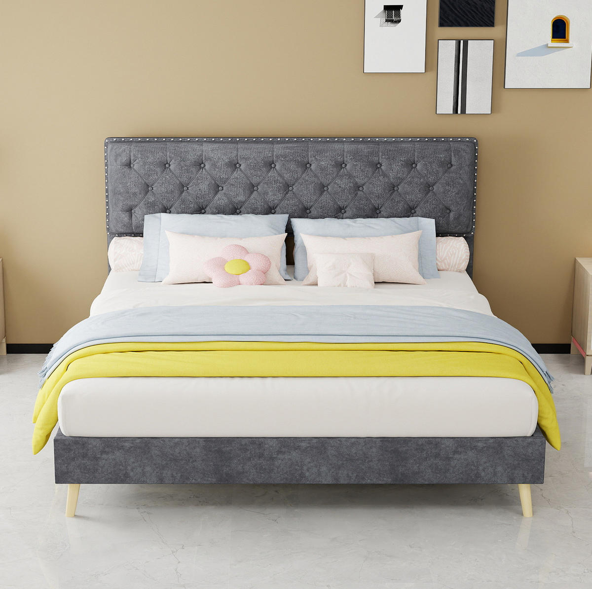 POLSTERBETT 160/200 cm mit Matratze, hohem Kopfteil und Stauraum unter dem Bett, Grau - Grau, Textil (160/200cm) - Redom