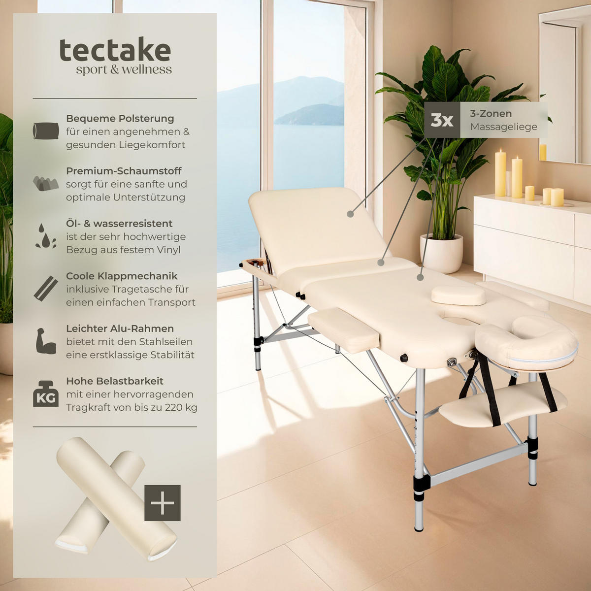 MASSAGELIEGE 3 Zonen, 210 x 95 x 89 cm,beige - Beige, Metall (95/89/210cm) - tectake
