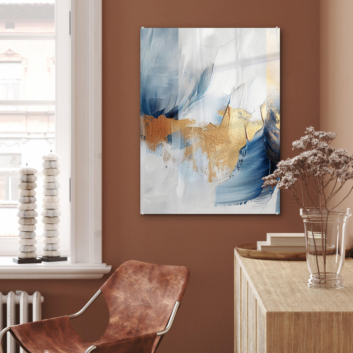 ACRYLGLASBILD Gold - Blau - Aquarell - Kunst - Modern 60x80 cm - Hellblau, Glas (60/80cm) - MuchoWow