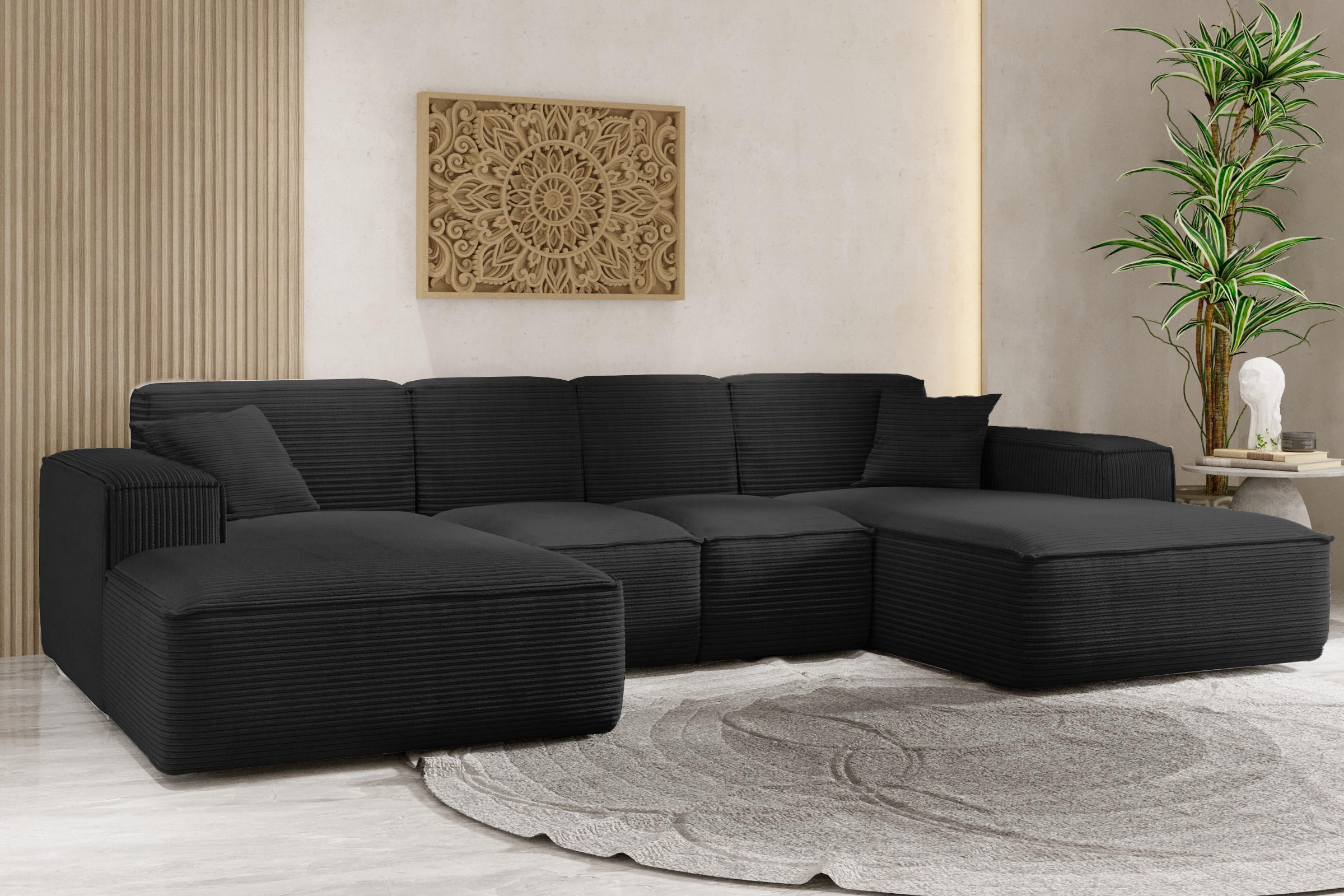 ECKSOFA, Eckcouch U form, Wohnzimmer Couch Large 342cm SIENA stoff Poso Schwarz - Schwarz, Holz/Textil (344/165cm) - Kaiser Möbel