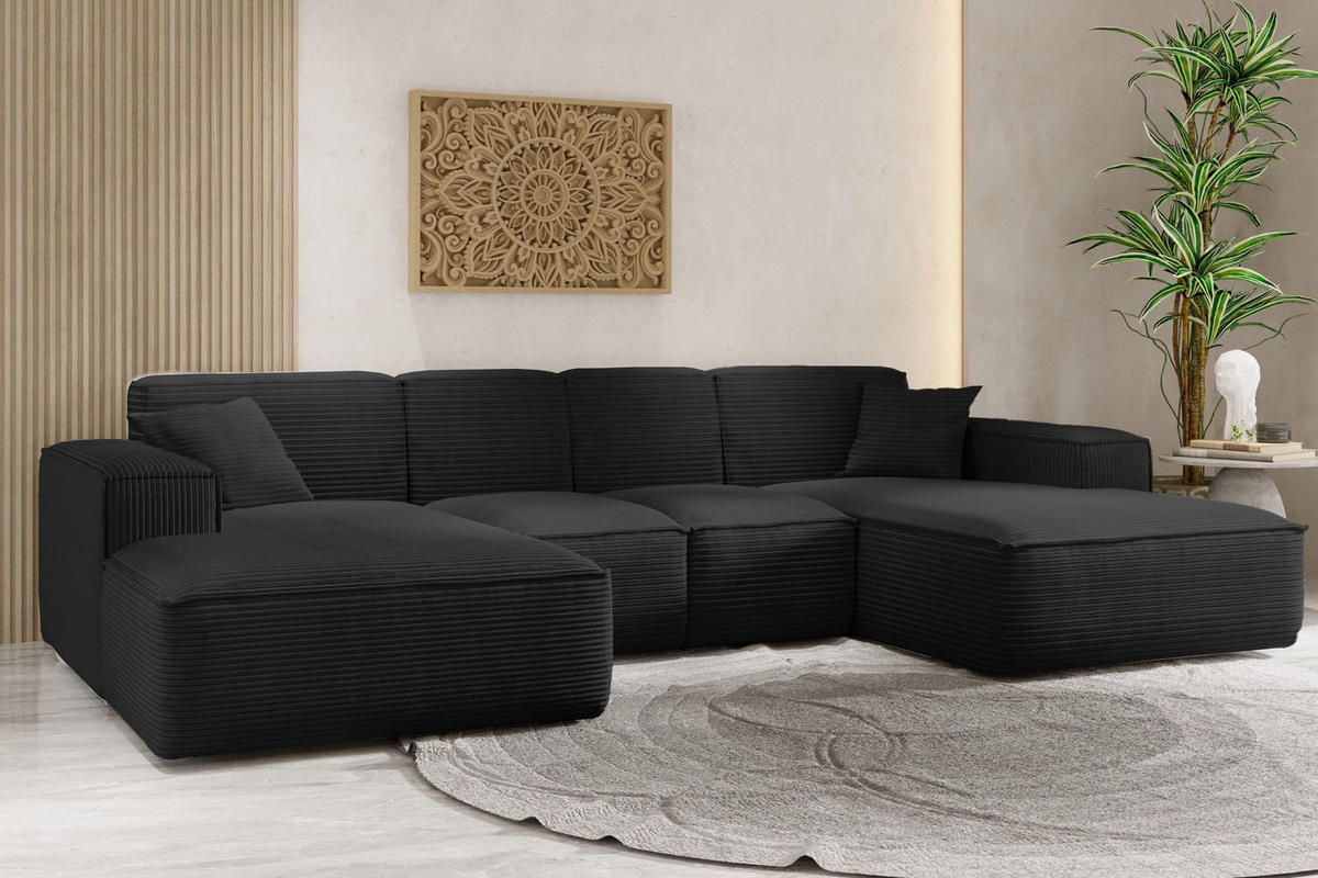 ECKSOFA, Eckcouch U form, Wohnzimmer Couch Large 342cm SIENA stoff Poso Schwarz - Schwarz, Holz/Textil (344/165cm) - Kaiser Möbel
