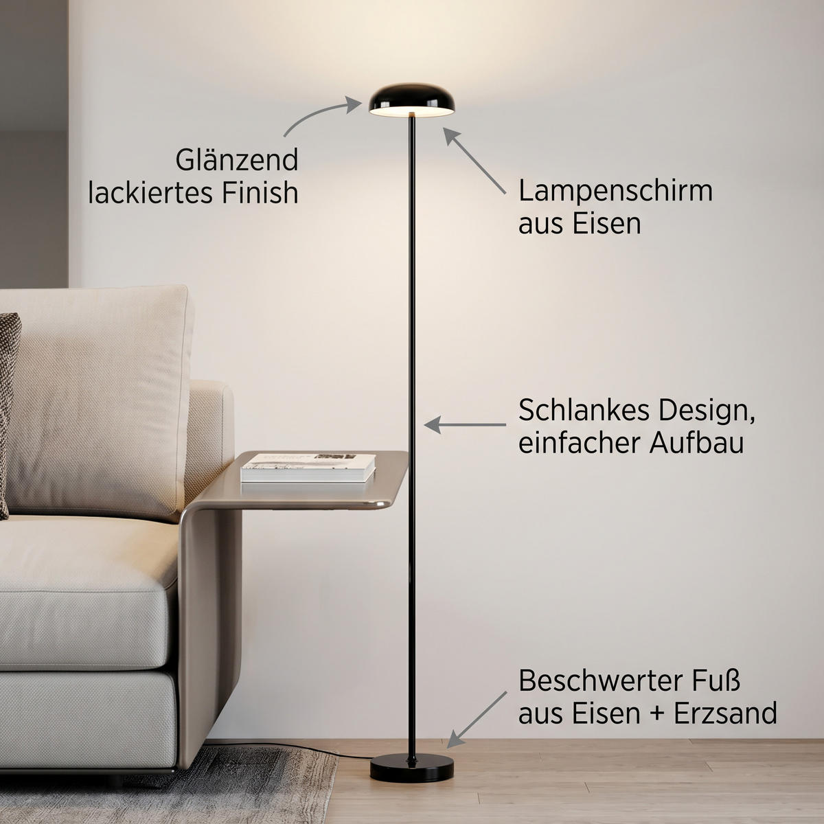 LED-DESIGN-STEHLEUCHTE stufenlos dimmbar Trittschalter 3000K 140cm hoch Metall Schwarz - Schwarz Hochglanz, Metall (15/15/137cm) - Elblight.de