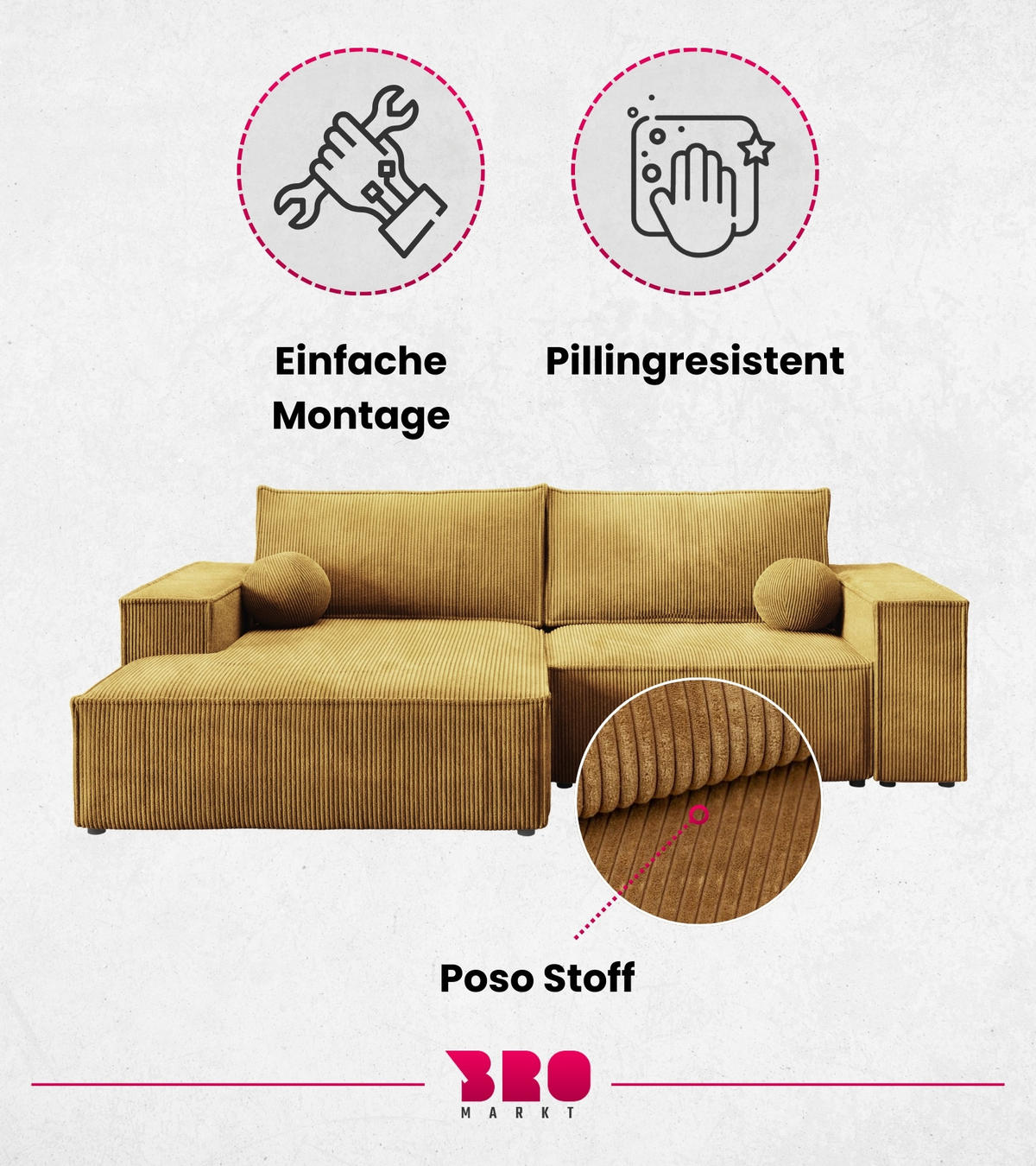 ECKSOFA Pablo Mini mit Schlaffunktion Gelb Cord - Gelb, Textil (255/148cm) - Bromarkt