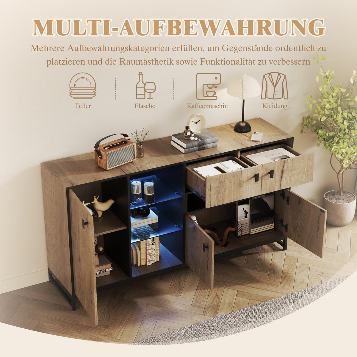 SIDEBOARD 160 cm Naturholz & Schwarz mit Doppeltüren, Glasregal & Metallrahmen im modernen Stil - Naturfarben, Holzwerkstoff (160/84.5/40cm) - Urban Meuble