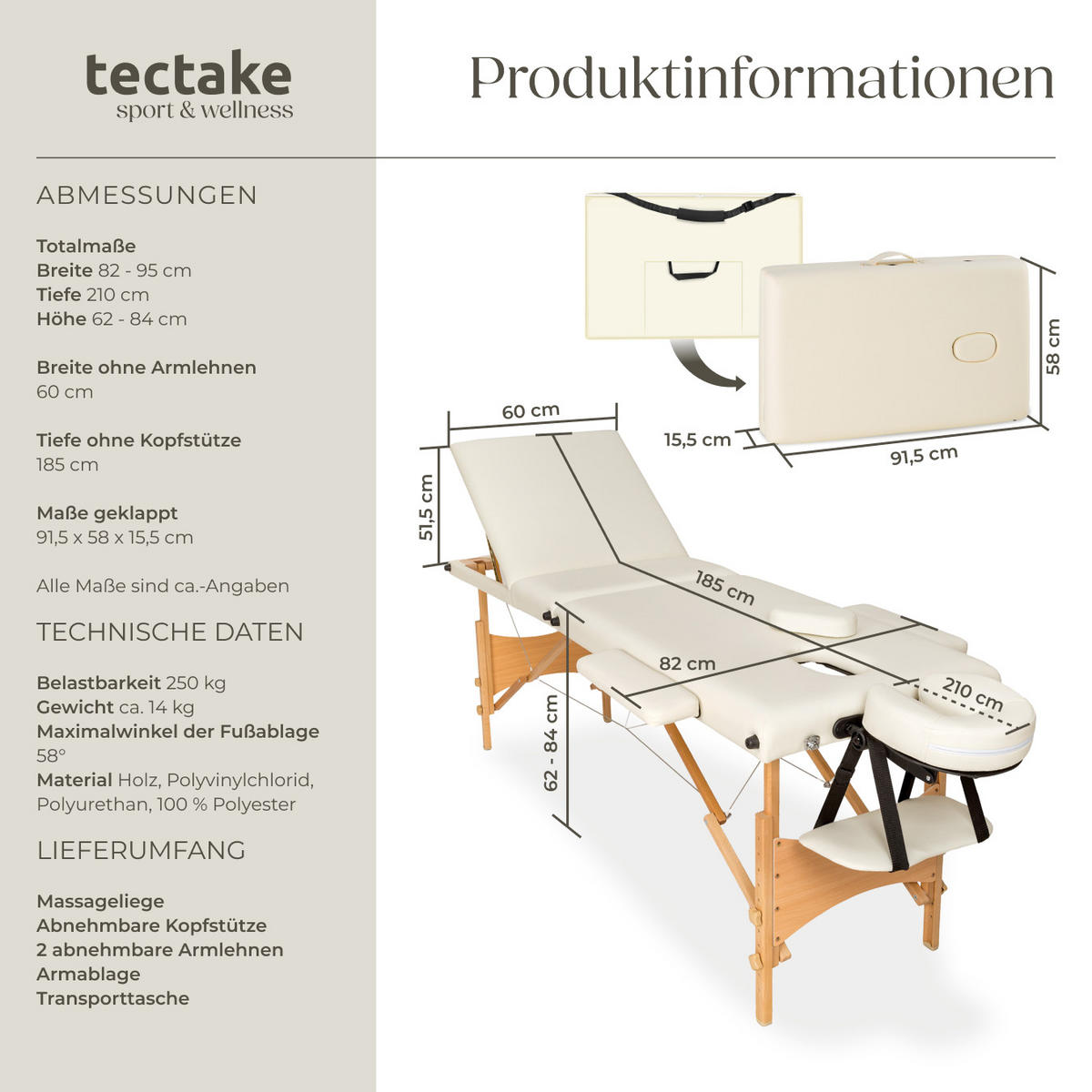 MASSAGELIEGE 3 Zonen Daniel,210 x 95 x 84 cm,beige - Beige, Holz (61/62/185cm) - tectake
