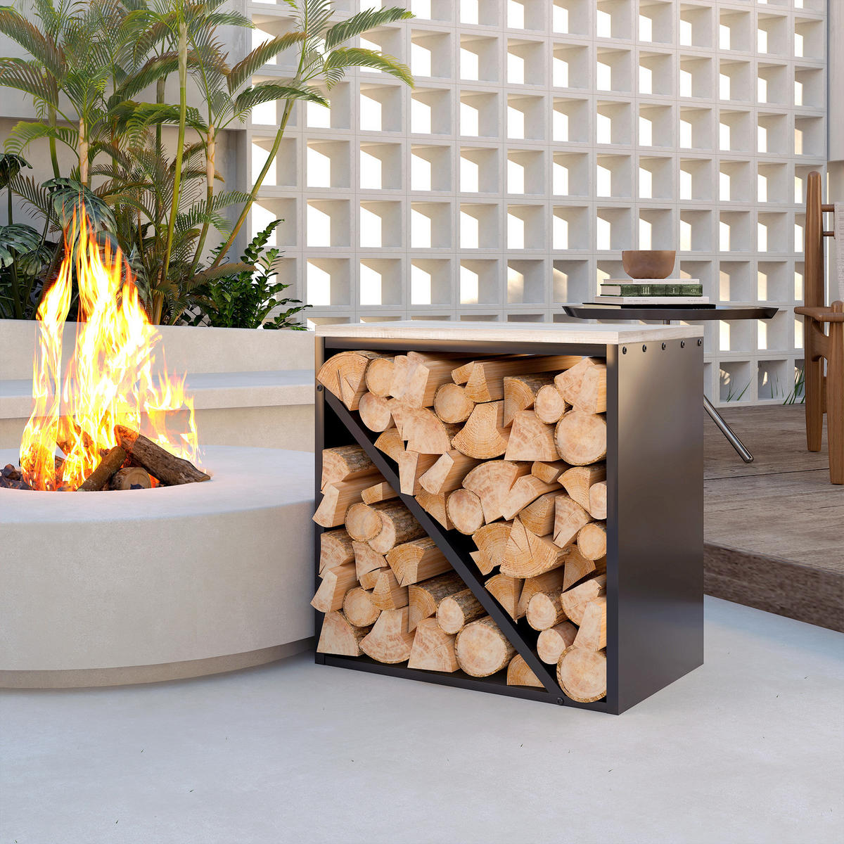 KAMINHOLZREGAL 2-in-1 für innen 58 x 36 x 60cm Brennholzregal Metall - Schwarz, Metall (36/60/58cm) - Outsunny