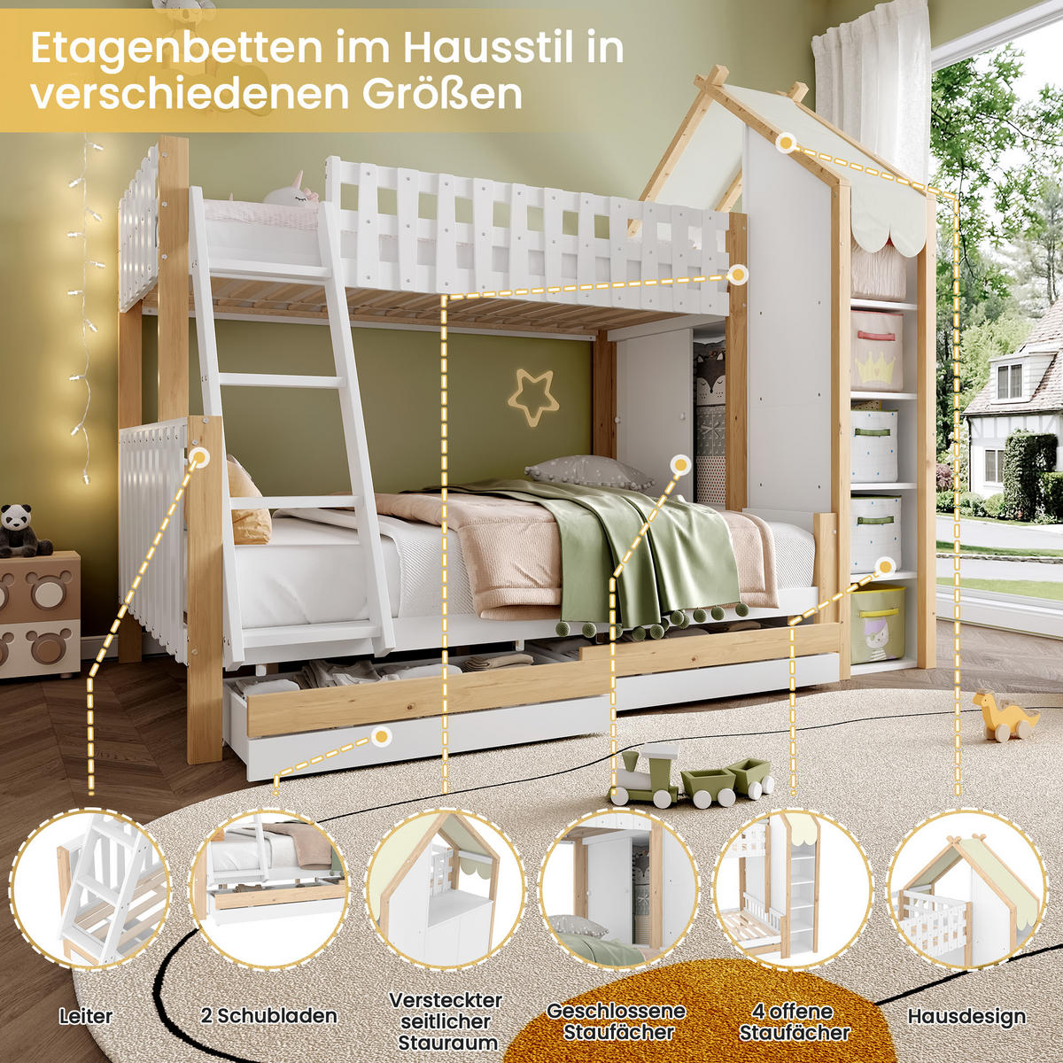 ETAGENBETT 90x200cm + 140x200cm Weiß + Natur 2 Schubladen Hausleiste - Multicolor, Holz (140/200cm) - FLIEKS